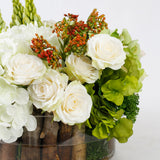 Low Green and White Hydrangea Centerpiece with Birch