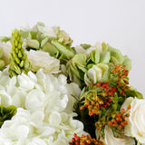 Low Green and White Hydrangea Centerpiece with Birch